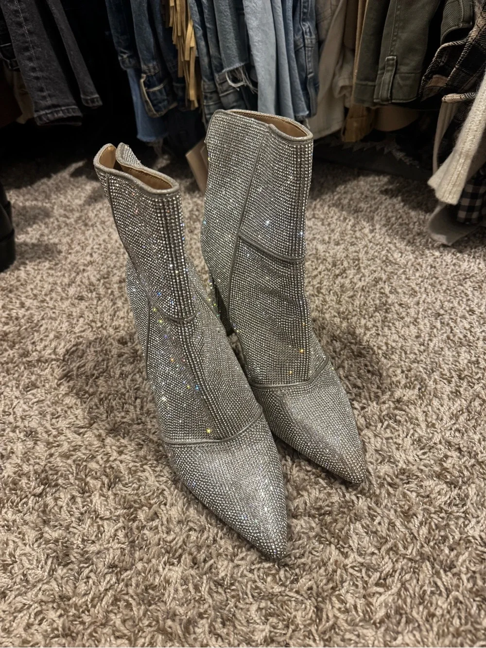Steve Madden Rhinestone Silver Pointed Toe Boots